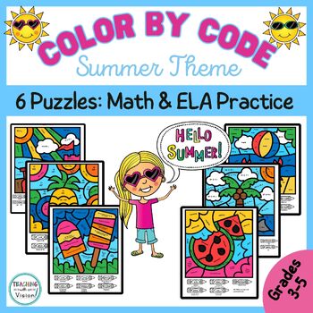 Preview of End of Year Summer ELA & Math Review Packet Color by Code 3rd 4th 5th Grade