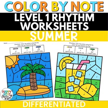 Preview of End of Year Activity - Summer Music Coloring - Color by Note Rhythm Worksheets