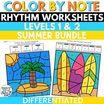 Preview of End of Year Summer Music Coloring Pages - Color by Note Rhythm Worksheets Bundle