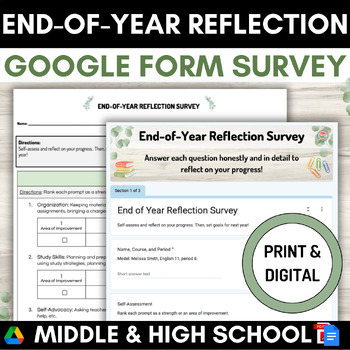 Preview of End of Year Survey Reflection Google Form Middle High School SEL Self-Assessment