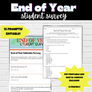 Preview of End of Year Survey for Spanish Class | Digital and Print Options | EDITABLE