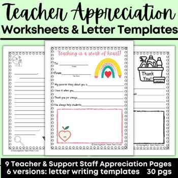 Preview of End of Year Teacher Appreciation Worksheets & Thank You Letter Writing Templates
