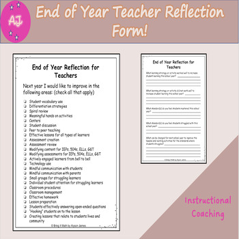 Preview of End of Year Teacher Reflection Form - For Coaches and Teachers 