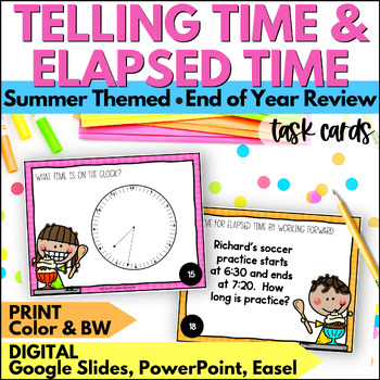 Preview of Summer Telling Time & Elapsed Time Task Cards - Time Review Activity End of Year