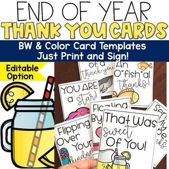 Preview of Thank You Notes Printable Cards Templates For Students From Teacher End of Year