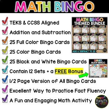 Math Bingo Games THEMED BUNDLE Addition and Subtraction to 20 Fact ...