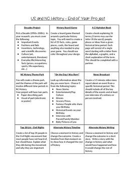 Preview of End of Year - US History Choice Board Project