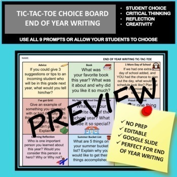 Preview of End of Year Writing TIC TAC TOE Choice Board June Reflections Digital Resource