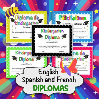 Preview of End of Year kindergarten Diplomas Editable Bundle in Spanish & English & French