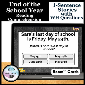 Preview of End of the School Year 1-sentence Stories with WH Questions-Boom™ Cards