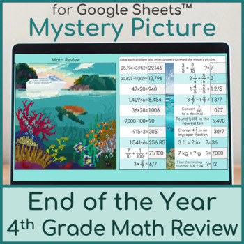 Preview of End of the Year 4th Grade Math Review | Mystery Picture Pixel Art Sea