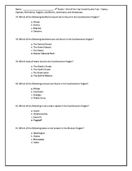 End of the Year - 4th Grade Social Studies Test - US Regions, Geography