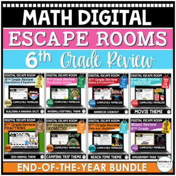 Preview of End of the Year 6th Grade Math Activity: Digital Escape Rooms BUNDLE