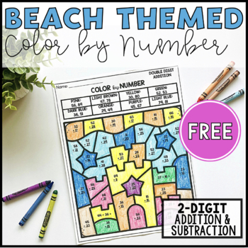 Preview of End of the Year Activities Free Color By Number 2-Digit Addition Beach Themed