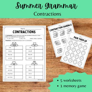 Preview of End of the Year Activities Summer Contractions Grammar Worksheets |  L.2.2c