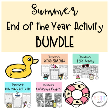 Preview of End of the Year Activities: Summer themed I SPY, Word Searches, Mazes, Coloring