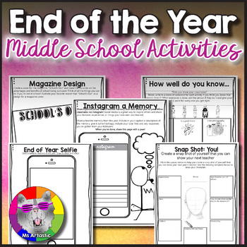 Preview of End of the Year Activities, Worksheets, Memories & Reflections for Middle School