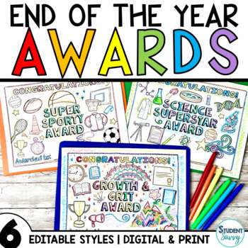 Preview of End of the Year Awards Editable Certificates Coloring Activities Classroom
