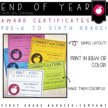 Preview of Simple End of the Year Award Certificate for Preschool to 6th Grade