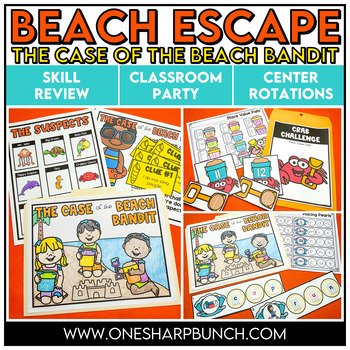 Preview of End of the Year Countdown Beach Theme Day Escape Room Activities and Centers