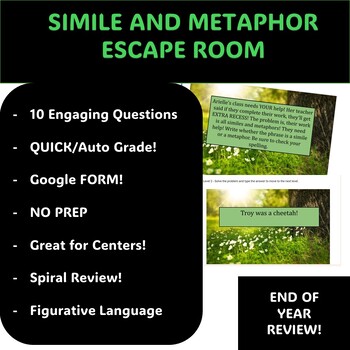 Preview of End of the Year DIGITAL Escape Room Simile and Metaphor REVIEW Summer Countdown!