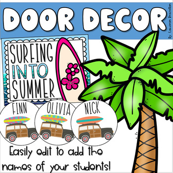 Preview of End of the Year Door Decorations Bulletin Board Surfing Surfboard Theme EDITABLE