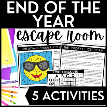 Preview of End of the Year Escape Room - Summer Reading Passages & Color By Code Activity
