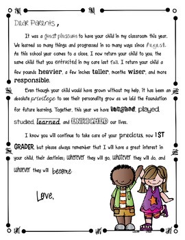 End of the Year Letter to Parents by Surf's Up in Kindergarten | TpT