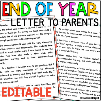 Preview of Last Day of School Letter to Parents End of the Year Editable