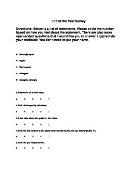 Preview of End of the Year Likert Scale Survey for any subject