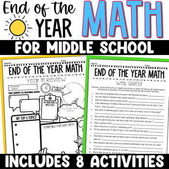 Preview of End of the Year Math Activities for Middle School - Summer Math Worksheets