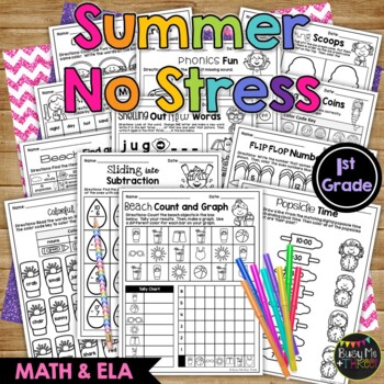 Preview of End of the Year NO STRESS Summer Math Literacy Activities 1st Grade | 2nd Grade