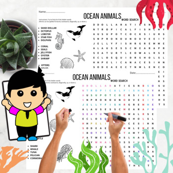 Preview of End of the Year Ocean Animals Word Search,Summer Puzzle