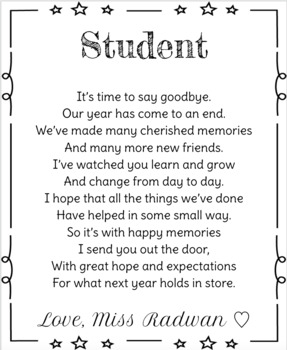 Preview of End of the Year Poem to Students - EDITABLE