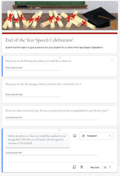 Preview of End of the Year Speech Celebration! Parent and Teacher Form