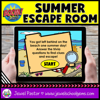 Preview of End of the Year Summer Escape Room Boom Cards Trivia Questions DIGITAL Activity