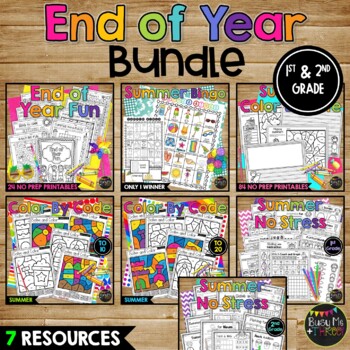 Preview of End of the Year Summer Fun BUNDLE No Prep Worksheets Bingo Color by Code