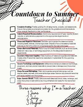 Preview of End of the Year Summer Teacher Classroom Checklist Professional Development PD