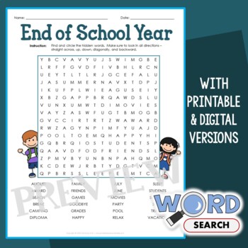 Preview of Fun End of Year Word Search Puzzle 3rd 4th Grade Vocabulary Activity Worksheet