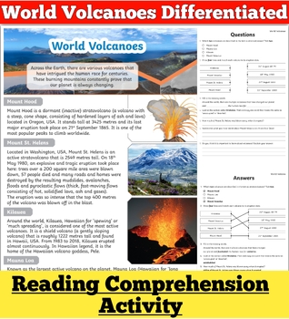 Preview of End of the Year World Volcanoes Differentiated Reading Comprehension Activities