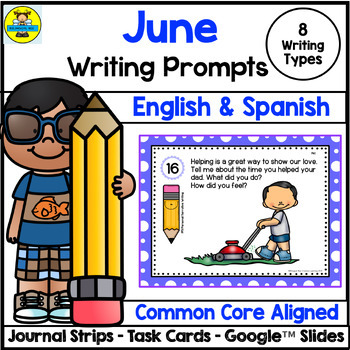 Preview of June Writing Prompts English and Spanish - Task Cards, Journal Strips & Digital