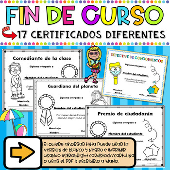 End of the year Certificates Awards Spanish Editable Certificados en ...