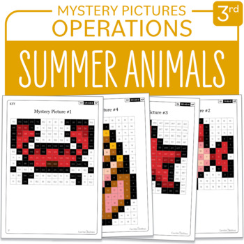 Preview of End of year Activity - Summer Animals - Math Mystery Pictures Grade 3: Operation