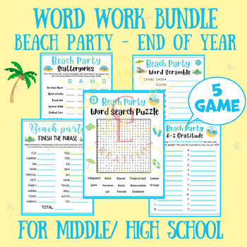 Preview of End of year Beach party word work BUNDLE phonic center word scramble main ideas