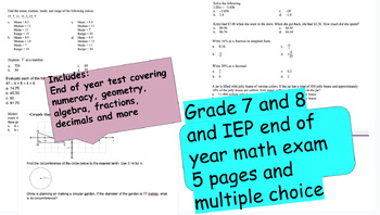 Preview of End of year Math test grade 7 & 8 and IEP
