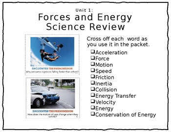 Preview of End of year Science 4th Grade Vocabulary Review Forces and Energy Unit 1