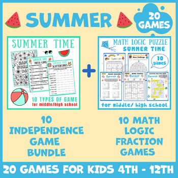 Preview of Summer BUNDLE math puzzle worksheets icebreaker game brain breaks low no prep