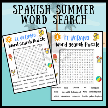 Preview of End of year summer Word Search Spanish El Verano crossword activities primary