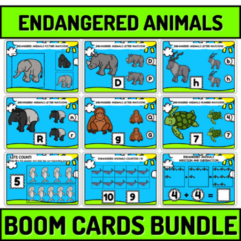 Preview of Endangered Animals Literacy And Counting Boom Cards For Young Learners Bundle