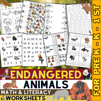 Preview of Endangered Animals Math and Literacy Worksheets | Endangered Species | K - 1st